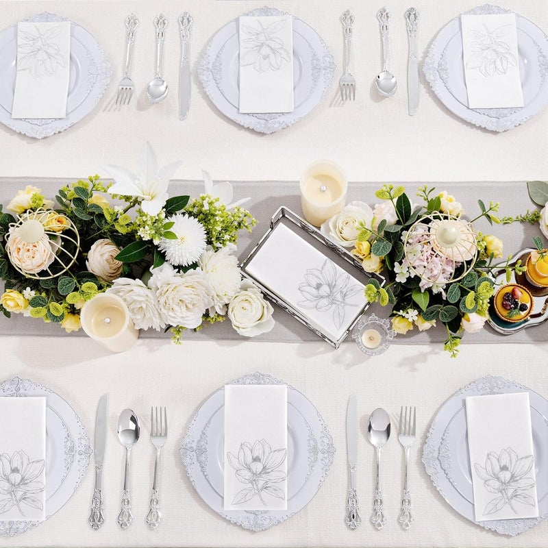 Joyido 50 Pack Silver Magnolia Napkins - Silver Floral Disposable Napkins - Cloth-Like Feel Dinner Paper - Retro Heavy Duty Hand Towels for Bathroom Wedding Holiday Party Bridal Decorative Towels - Image 4
